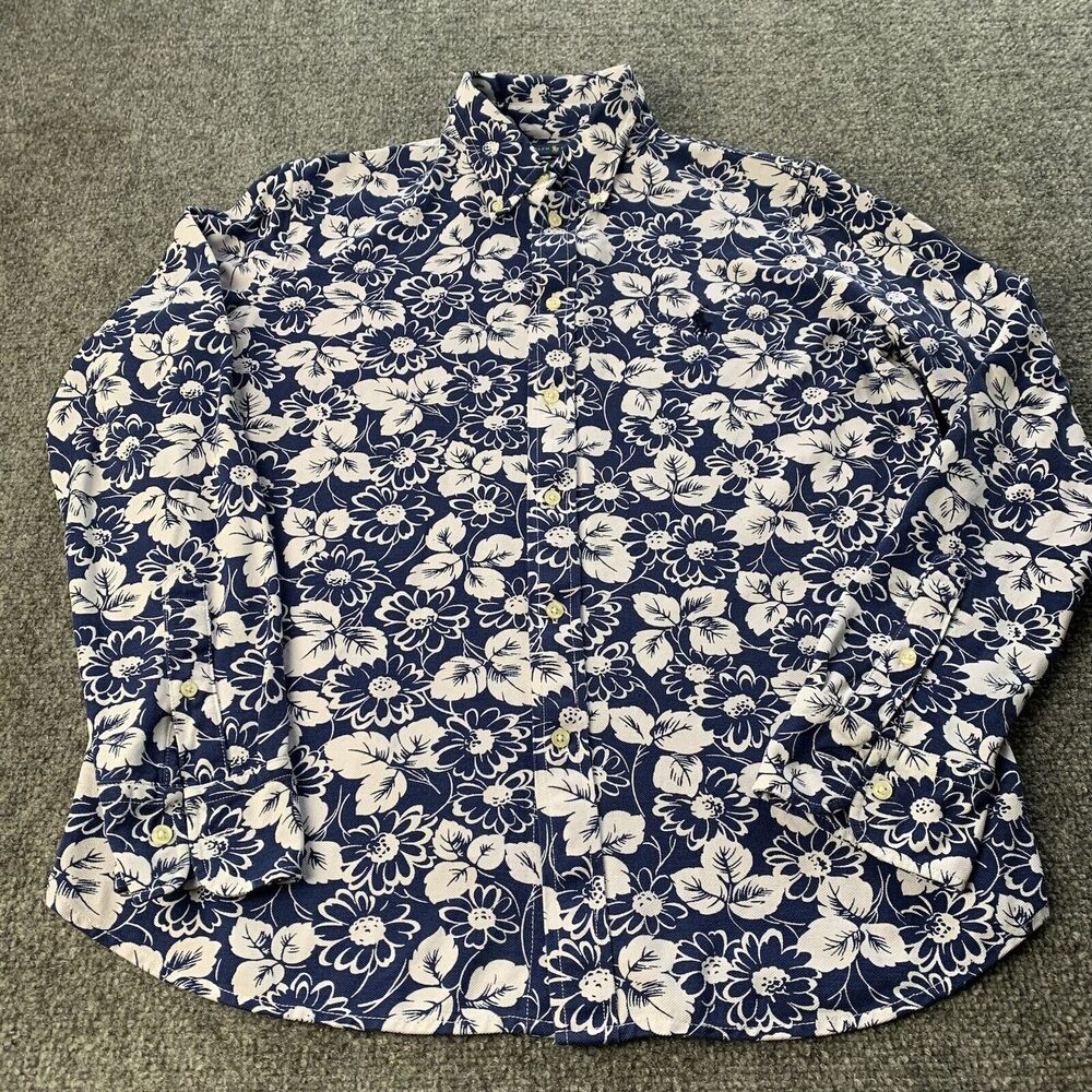 Ralph Lauren Shirt Mens XL Knit Oxford Button Up Floral Blue White Long Sleeve